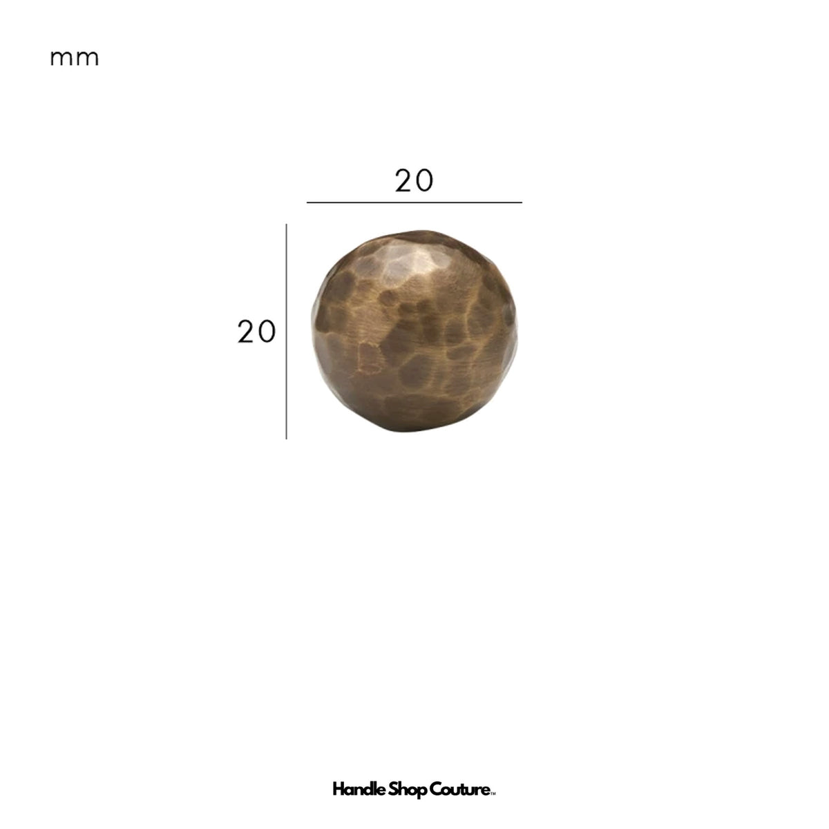 LOREN hammered brass ball knob, Antique Brass, 20mm, dimensions