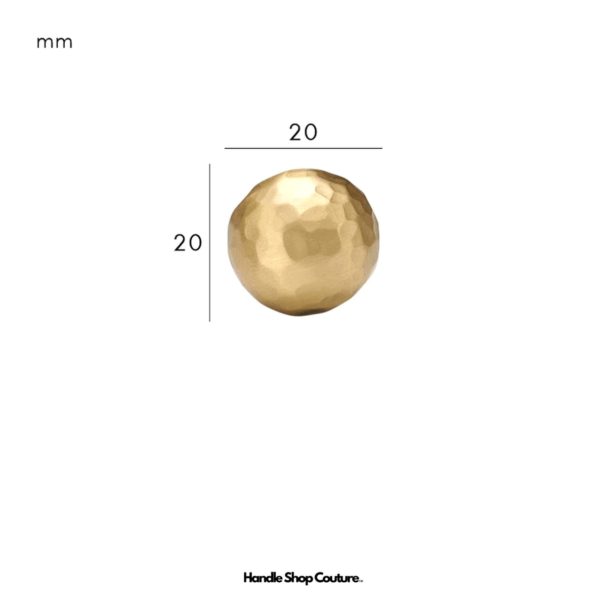 LOREN hammered brass ball knob, Satin Brass, 20mm, dimensions
