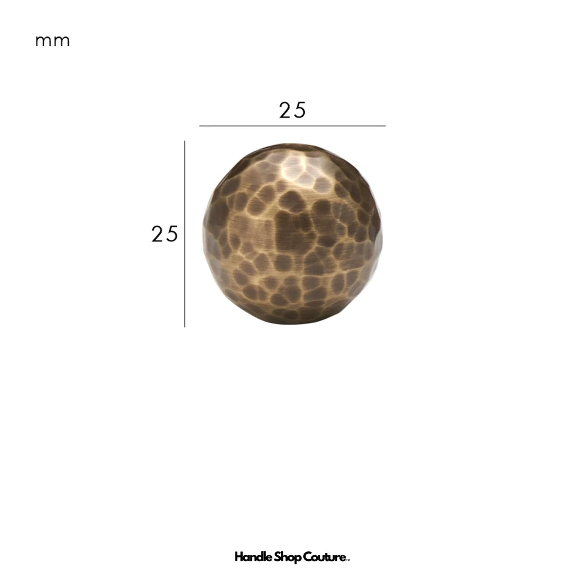 LOREN hammered brass ball knob, Antique Brass, 25mm, dimensions