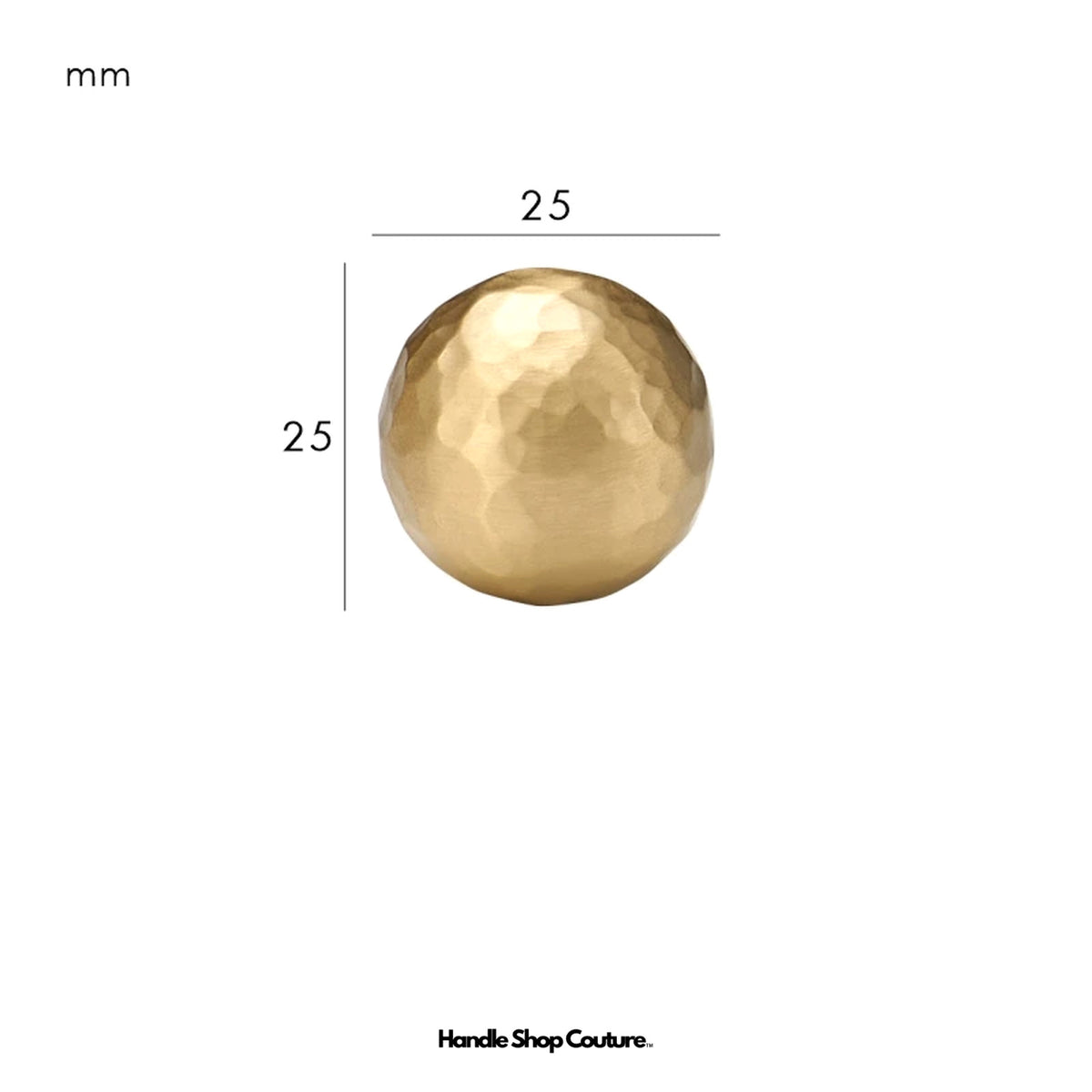 LOREN hammered brass ball knob, Satin Brass, 25mm, dimensions