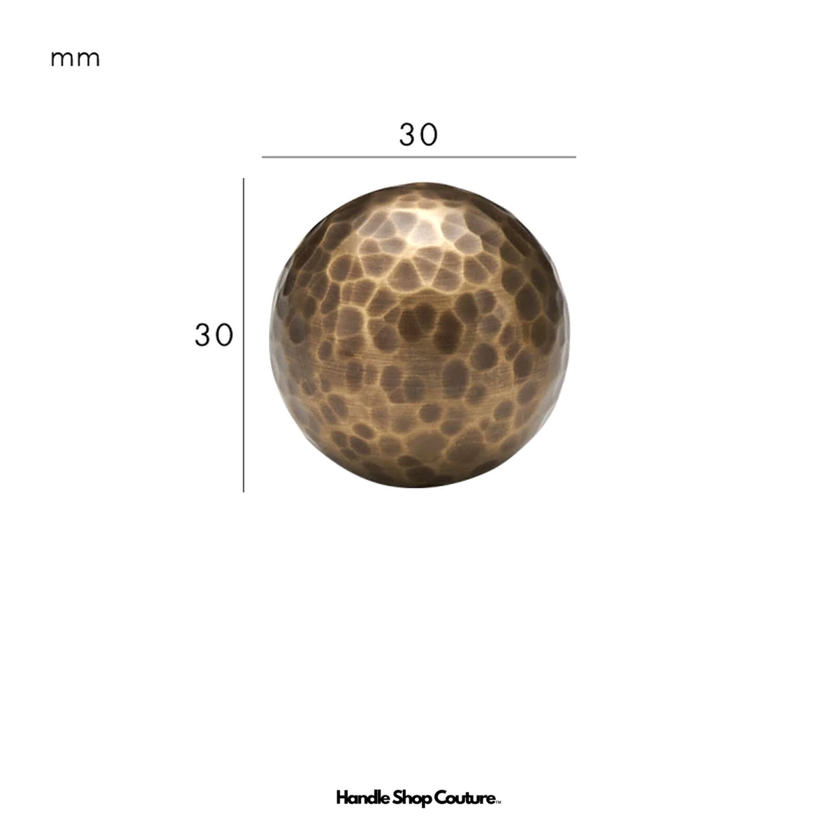 LOREN hammered brass ball knob, Antique Brass, 30mm, dimensions