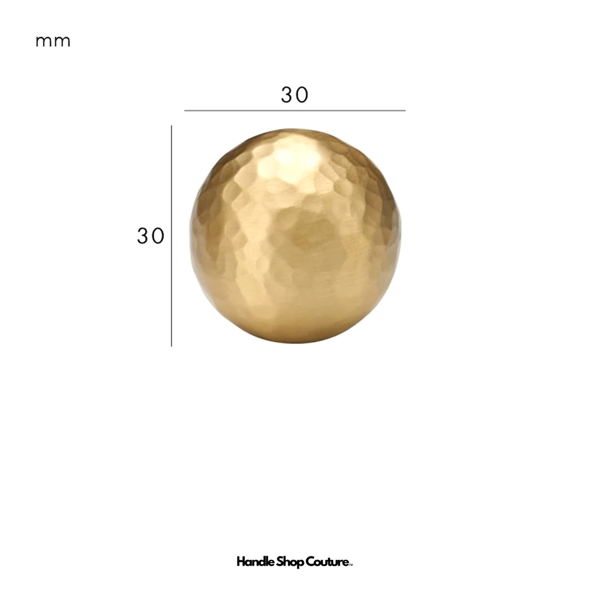 LOREN hammered brass ball knob, Satin Brass, 30mm, dimensions