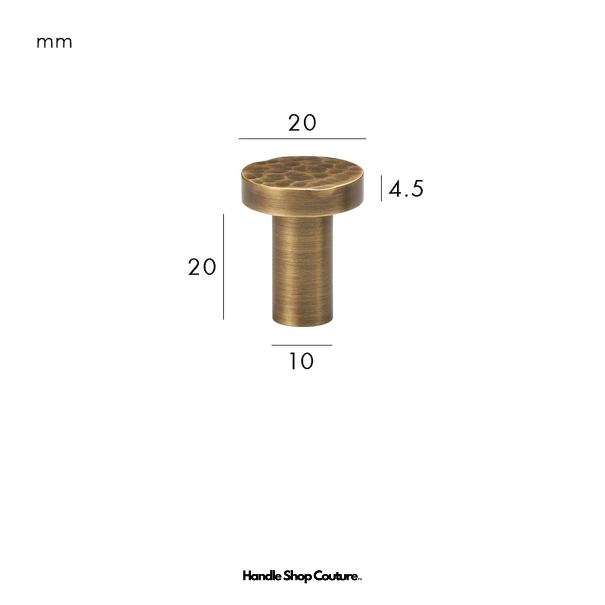 LOREN hammered brass disc knob, Antique Brass, 20mm, dimensions