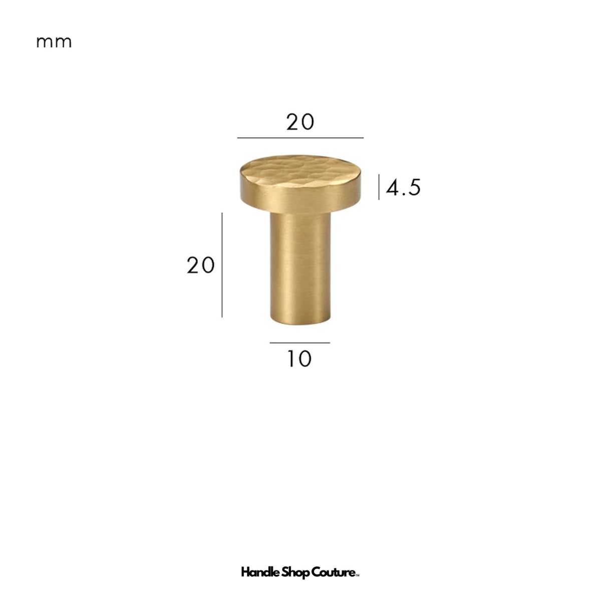 LOREN hammered brass disc knob, Satin Brass, 20mm, dimensions