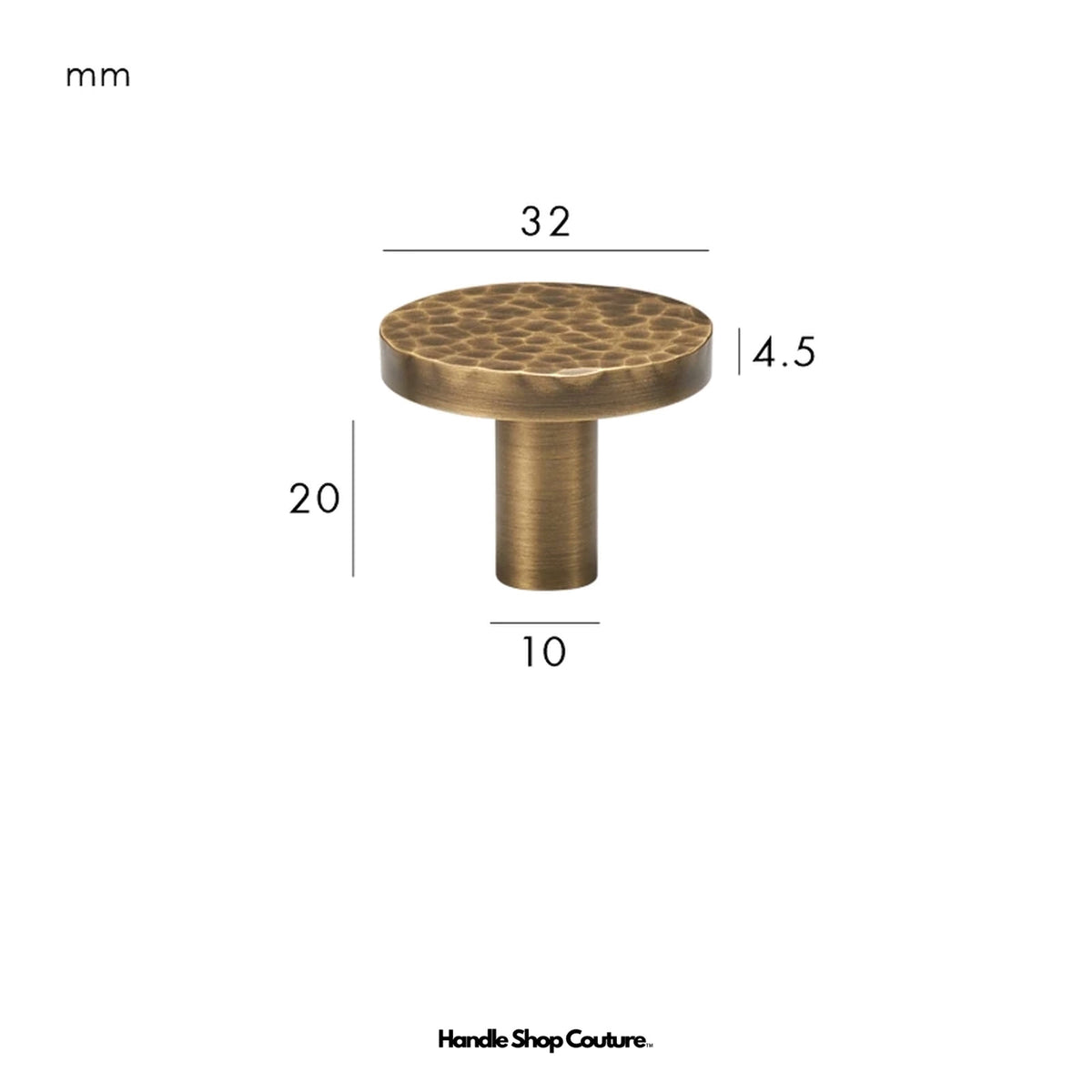 LOREN hammered brass disc knob, Antique Brass, 32mm, dimensions