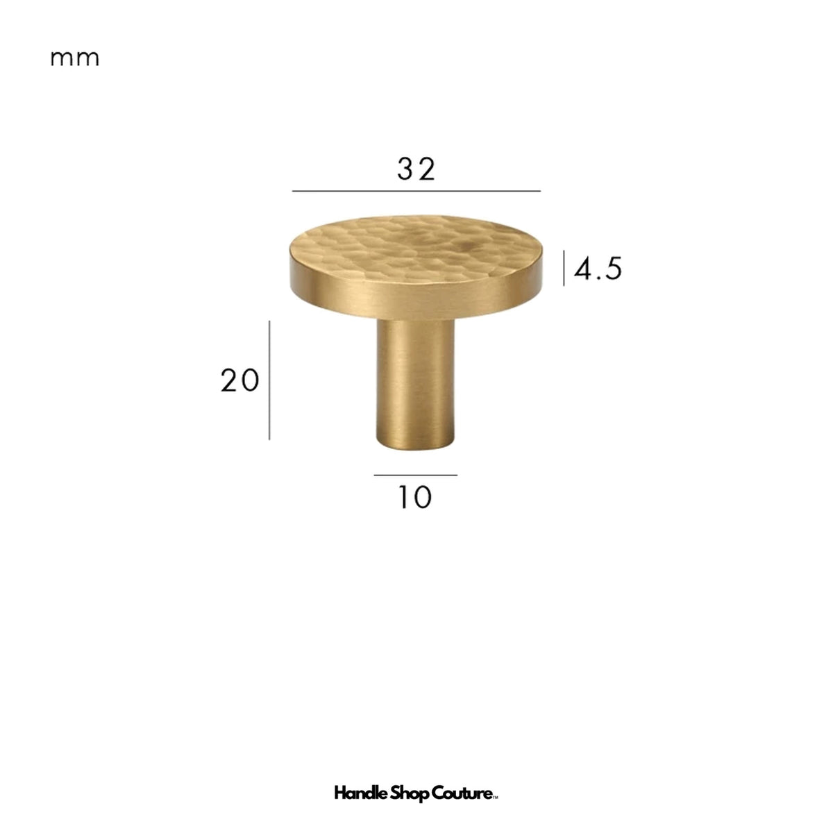 LOREN hammered brass disc knob, Satin Brass, 32mm, dimensions