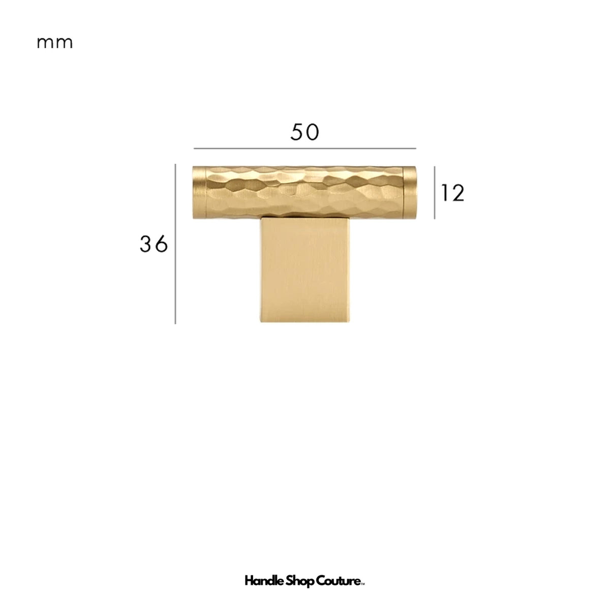 LOREN hammered brass T-pull, Satin Brass, 50mm, dimensions