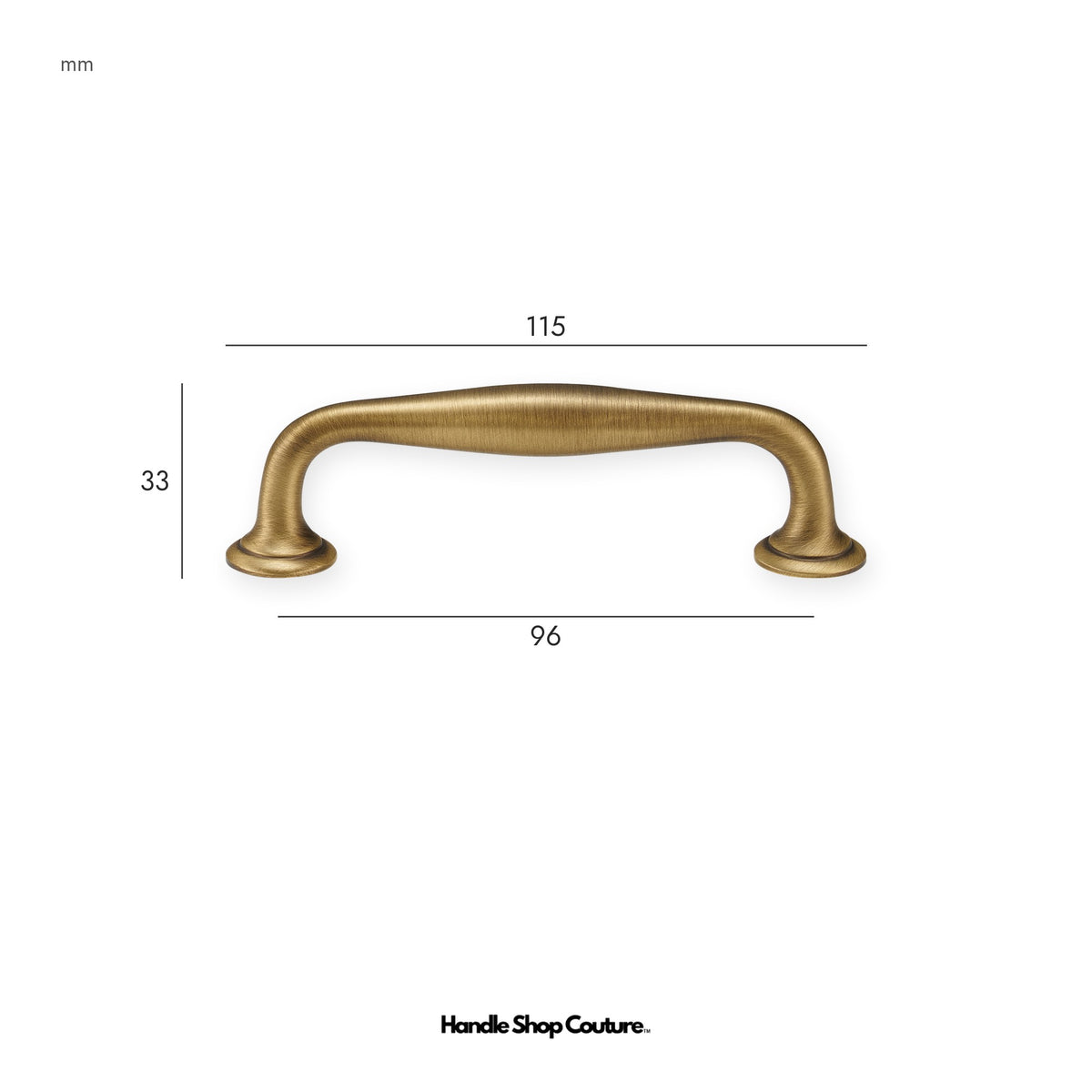 NAFPLIO brass cabinet handle, 96mm hole-to-hole, Antique Brass