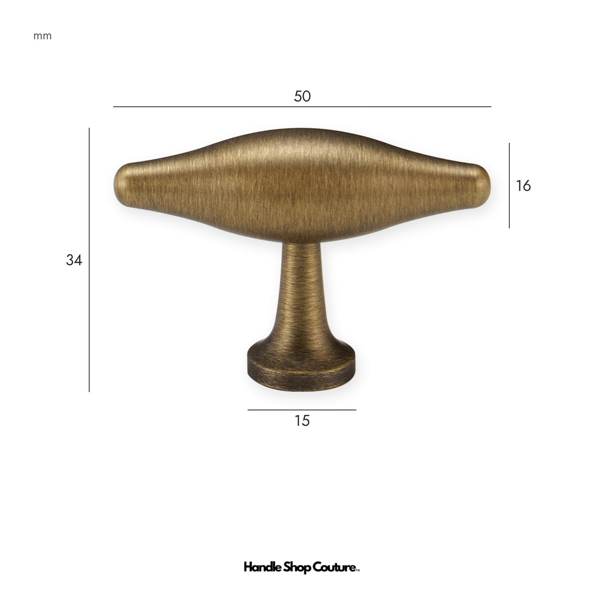 NAFPLIO brass T-knob, 50mm, Antique Brass
