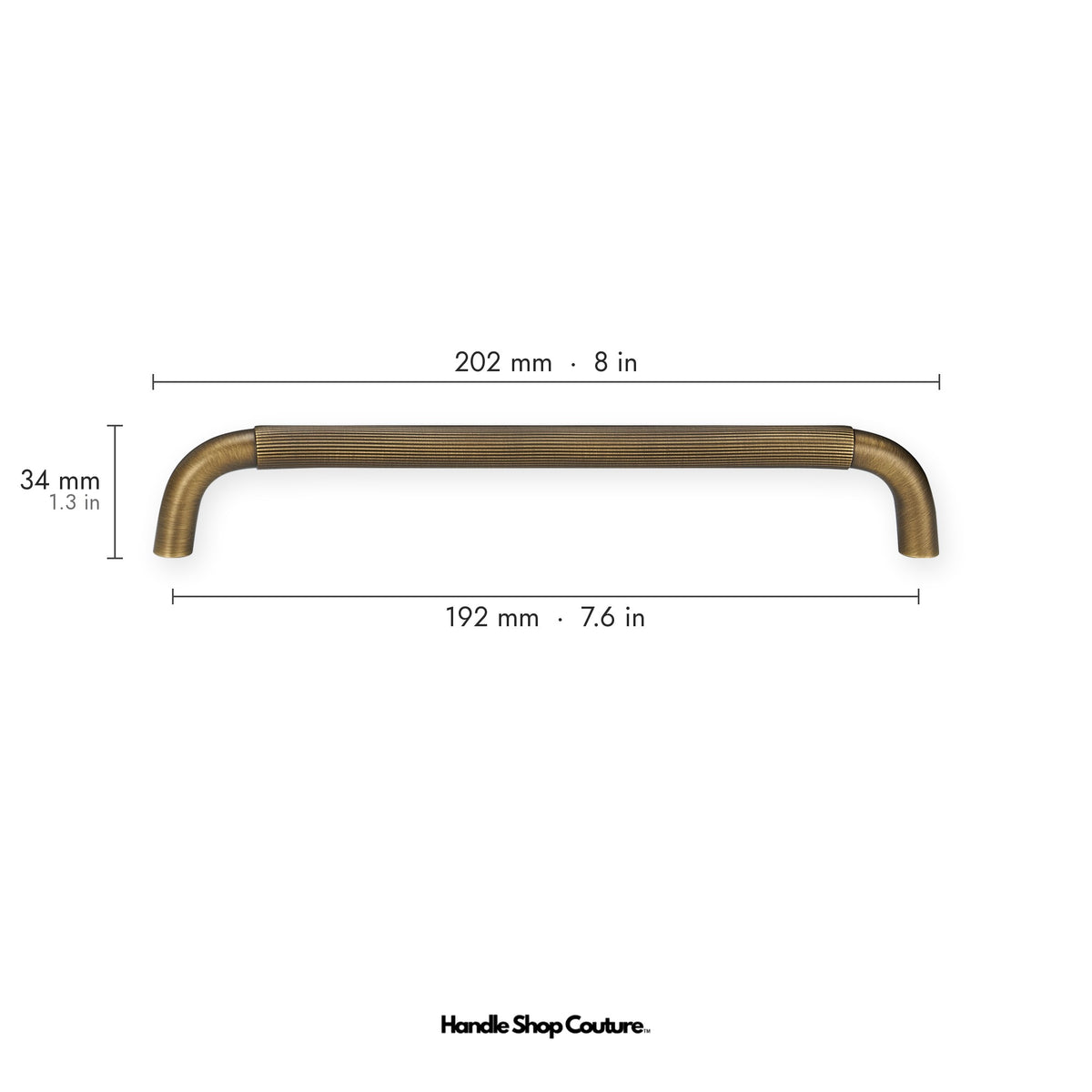 NEMEA reeded brass cabinet handle, 202mm long, 192mm hole-to-hole, Antique Brass