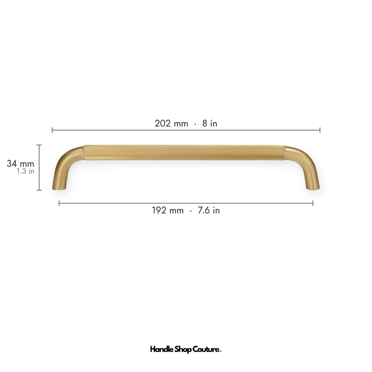 NEMEA reeded brass cabinet handle, 202mm long, 192mm hole-to-hole, Satin Brass