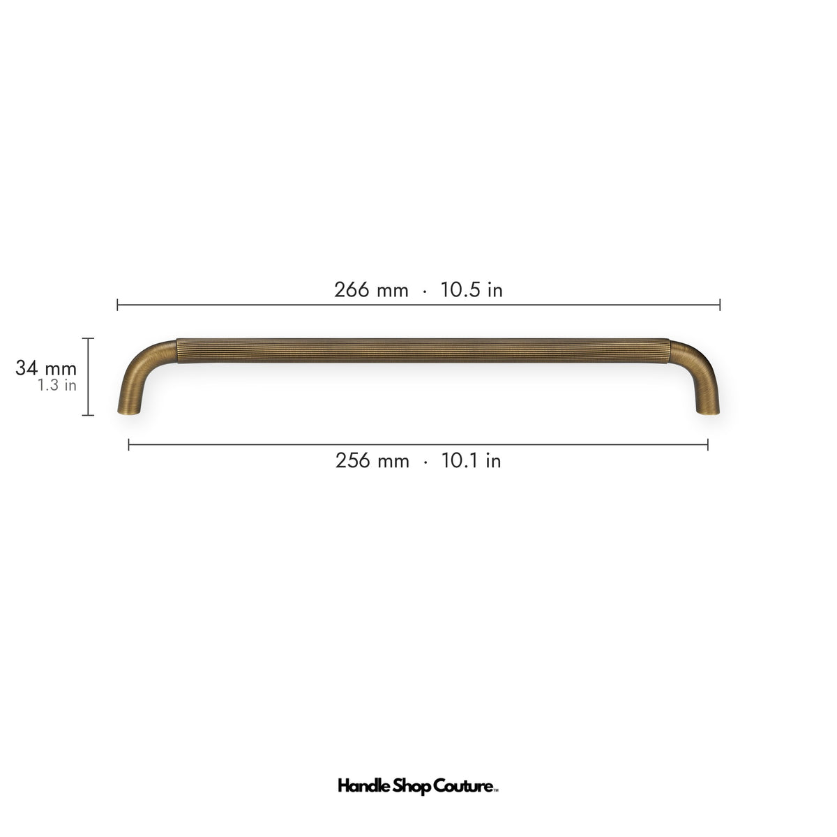 NEMEA reeded brass cabinet handle, 266mm long, 256mm hole-to-hole, Antique Brass