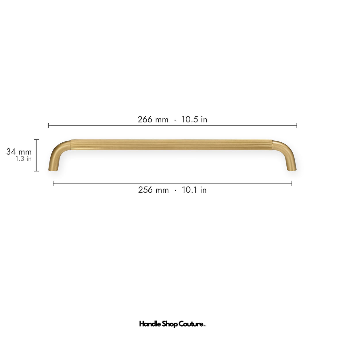 NEMEA reeded brass cabinet handle, 266mm long, 256mm hole-to-hole, Satin Brass