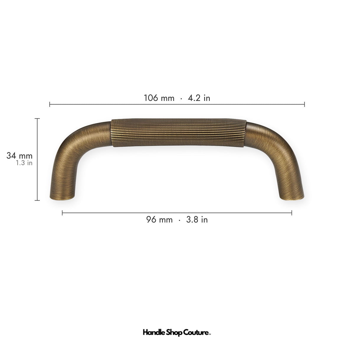NEMEA reeded brass cabinet handle, 106mm long, 96mm hole-to-hole, Antique Brass