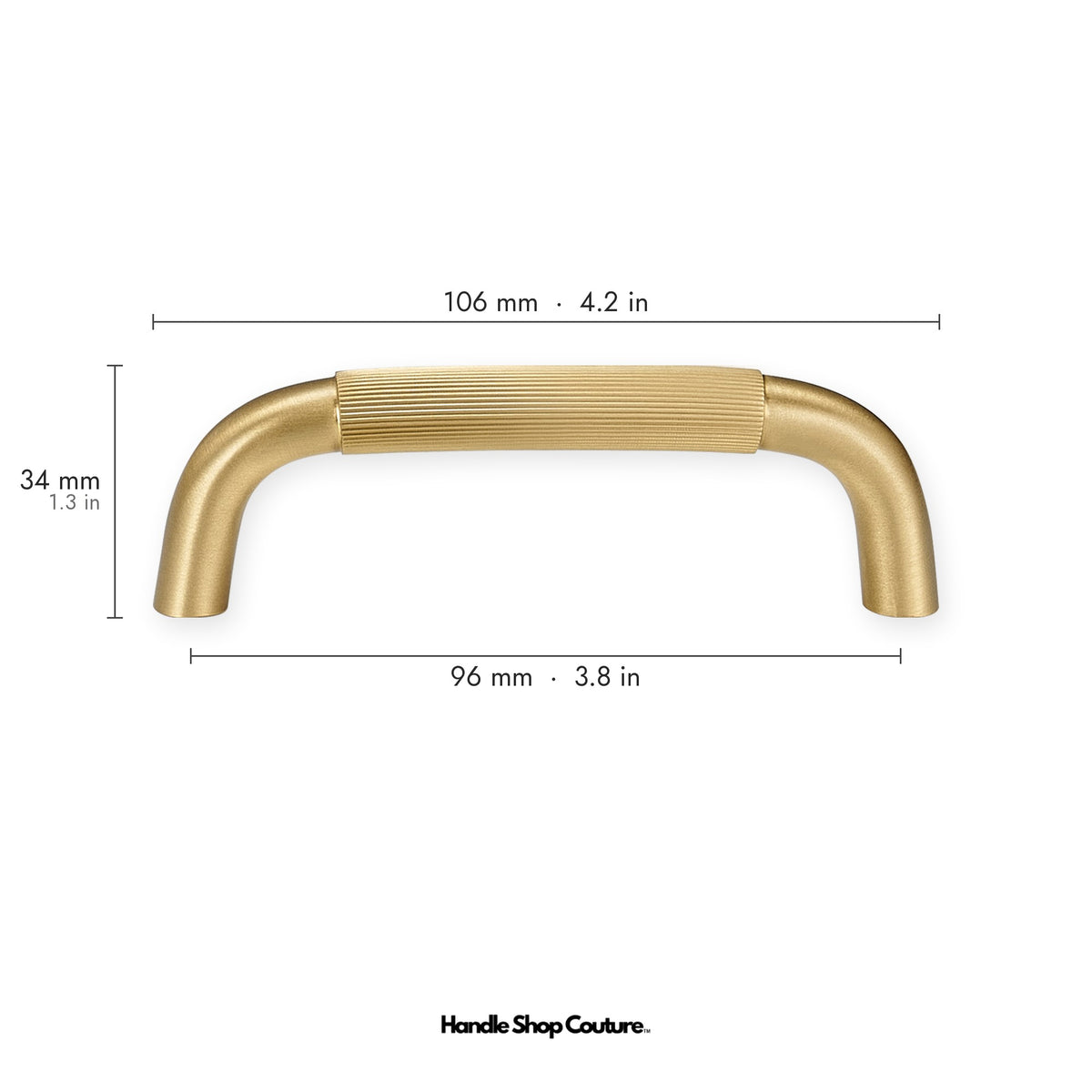 NEMEA reeded brass cabinet handle, 106mm long, 96mm hole-to-hole, Satin Brass