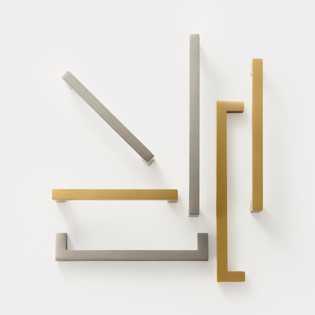 OIA square brass handles flat lay, Satin Brass and Brushed Nickel