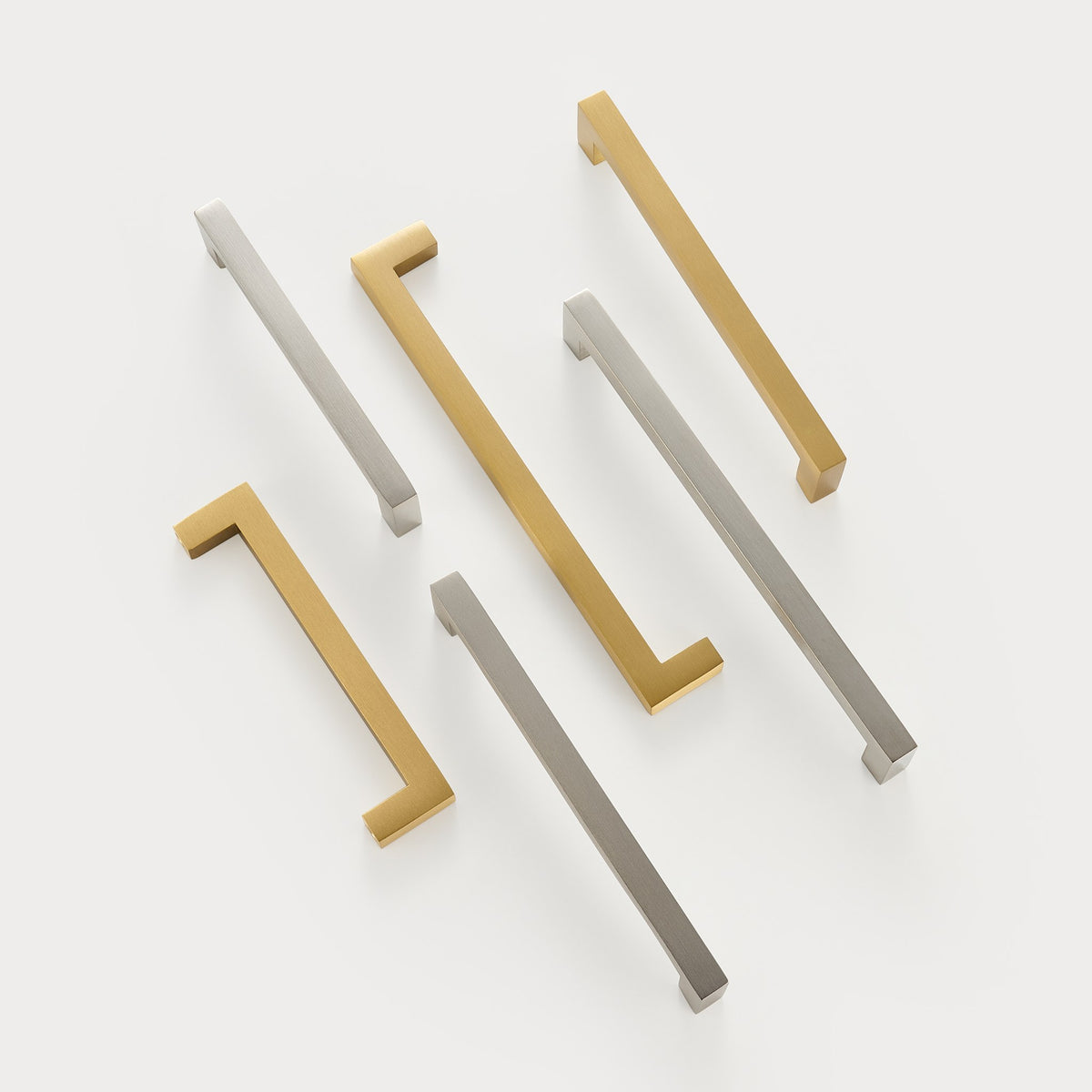 OIA square brass handles in three lengths, Satin Brass and Brushed Nickel