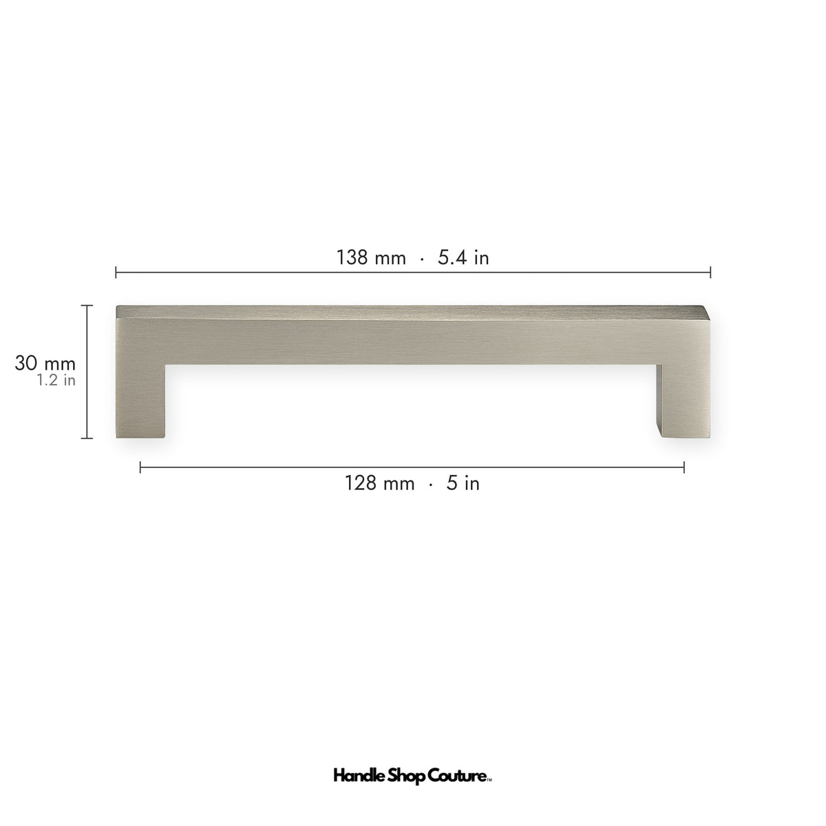 OIA square brass cabinet handle, 138mm long, 128mm hole-to-hole, Brushed Nickel