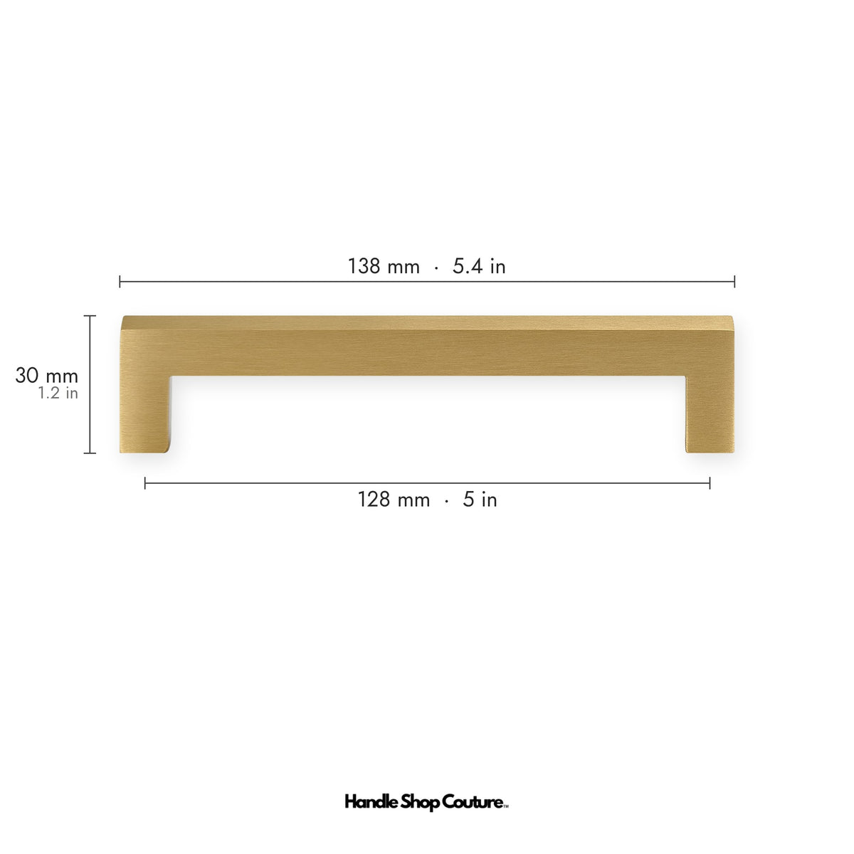 OIA square brass cabinet handle, 138mm long, 128mm hole-to-hole, Satin Brass