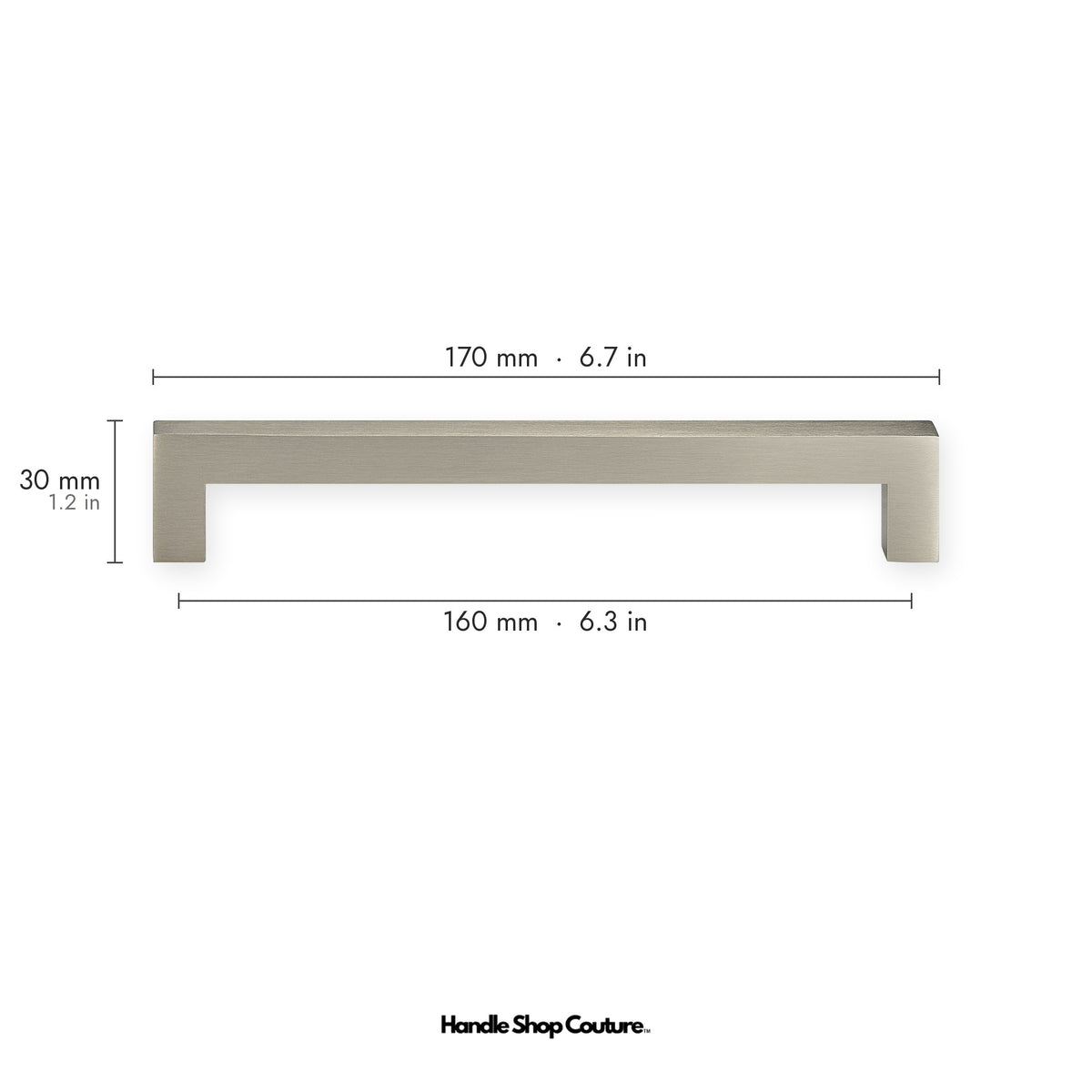 OIA square brass cabinet handle, 170mm long, 160mm hole-to-hole, Brushed Nickel
