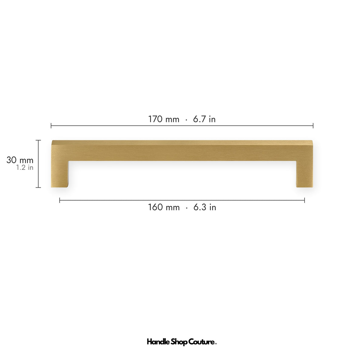 OIA square brass cabinet handle, 170mm long, 160mm hole-to-hole, Satin Brass