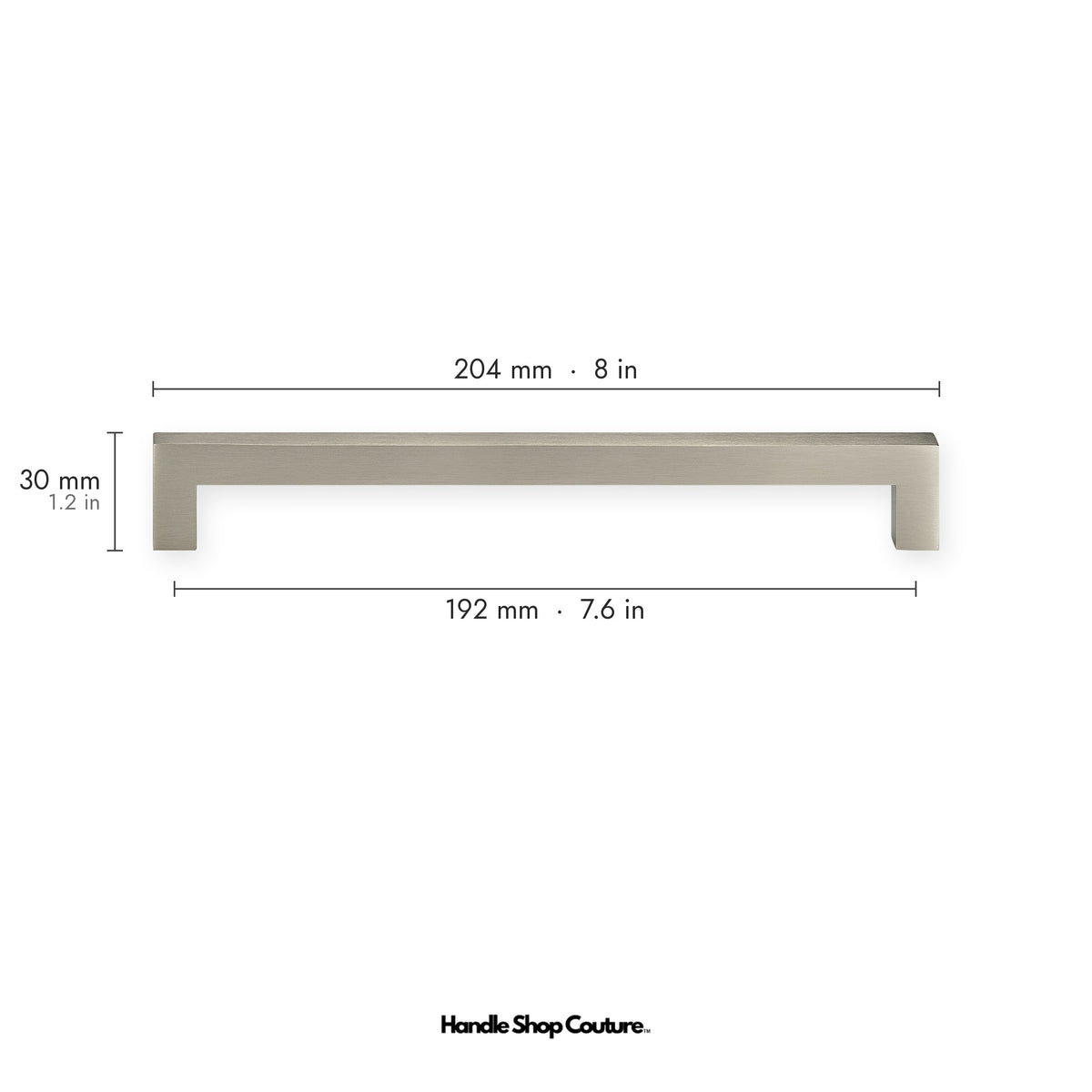 OIA square brass cabinet handle, 204mm long, 192mm hole-to-hole, Brushed Nickel