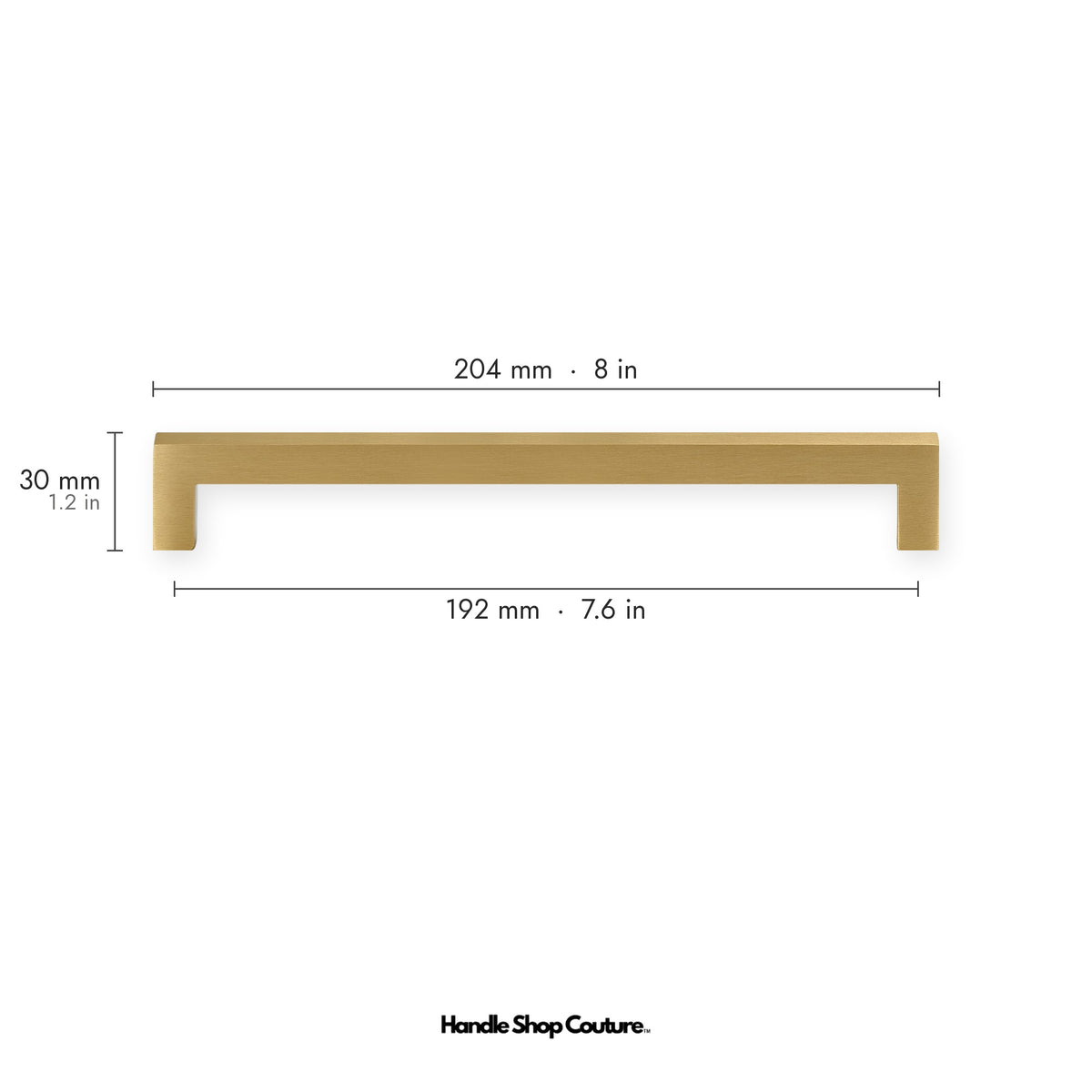 OIA square brass cabinet handle, 204mm long, 192mm hole-to-hole, Satin Brass