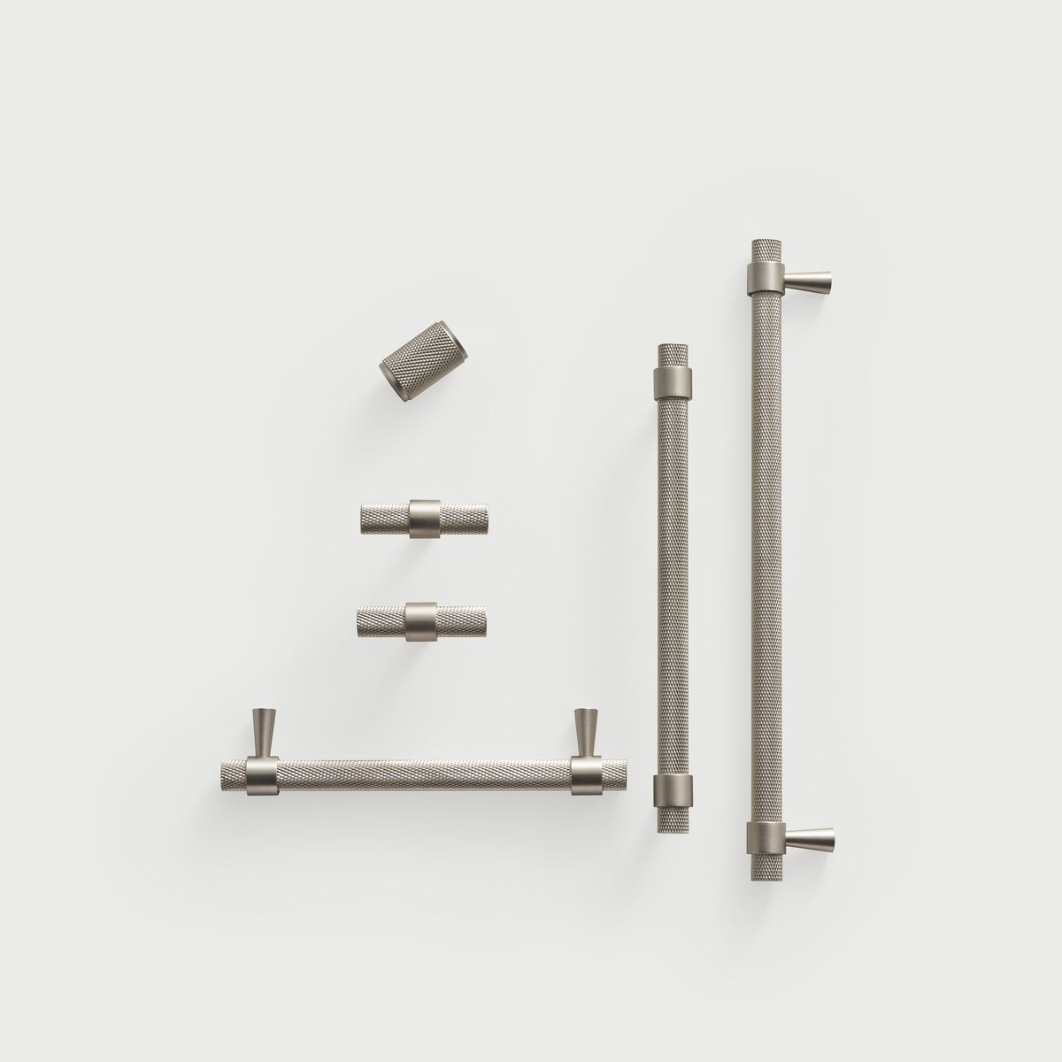 OPORTO knurled handles and T-pulls in Brushed Nickel, flat lay