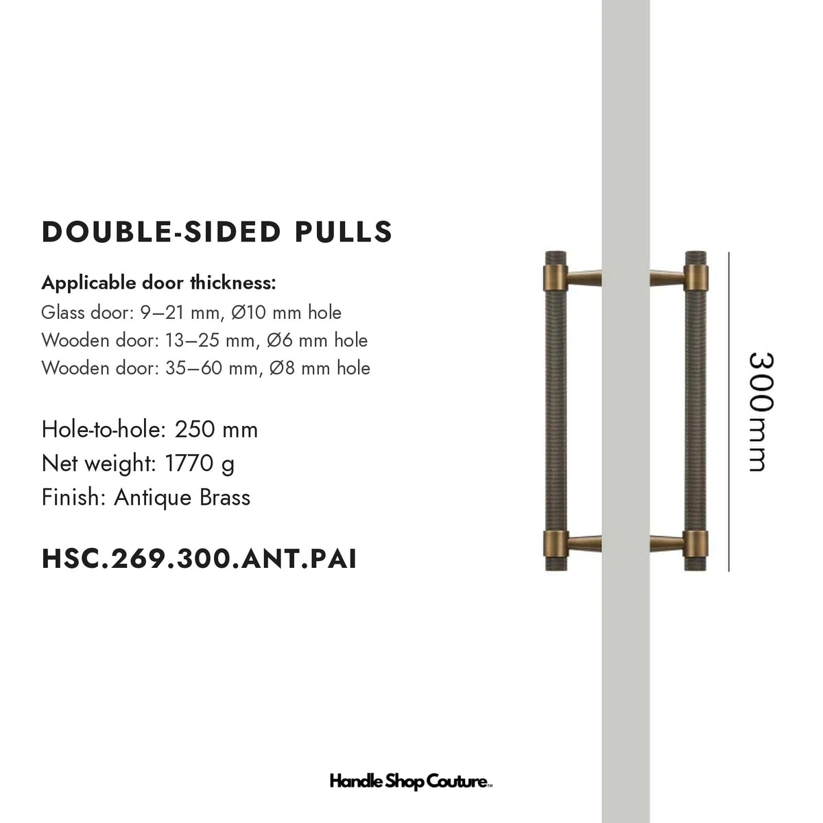 OPORTO knurled brass door pull, 300 mm, Antique Brass, double-sided pair