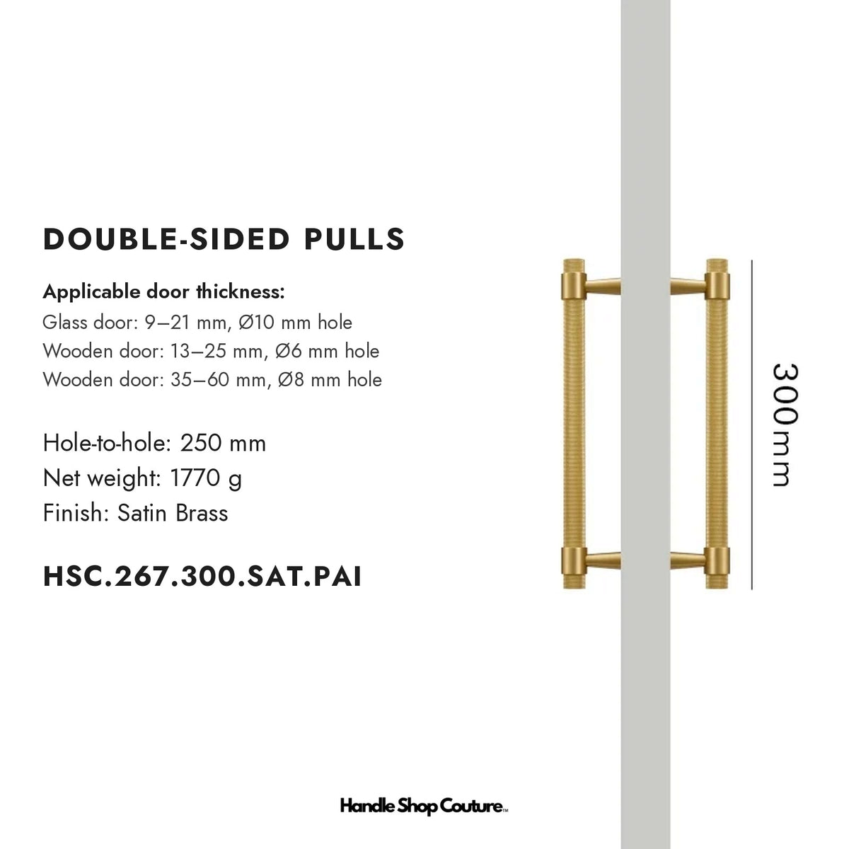 OPORTO knurled brass door pull, 300 mm, Satin Brass, double-sided pair