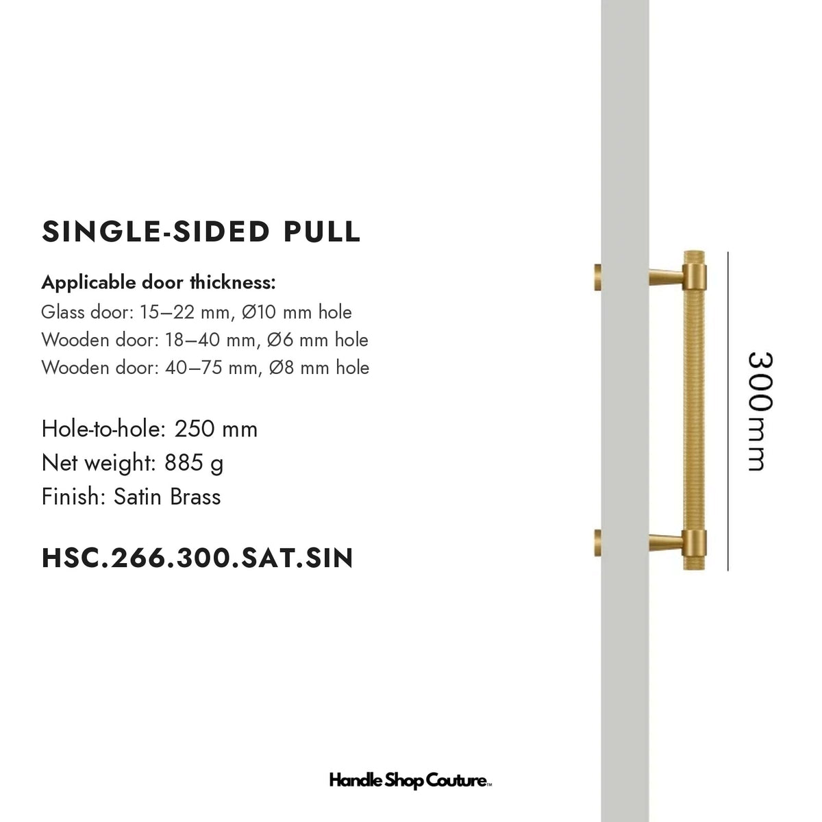 OPORTO knurled brass door pull, 300 mm, Satin Brass, single-sided