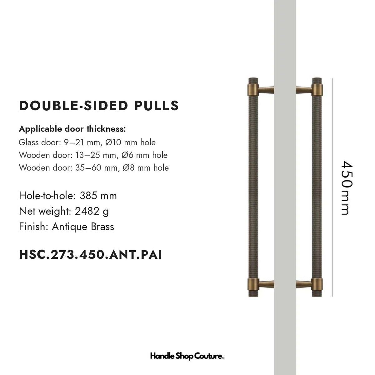 OPORTO knurled brass door pull, 450 mm, Antique Brass, double-sided pair