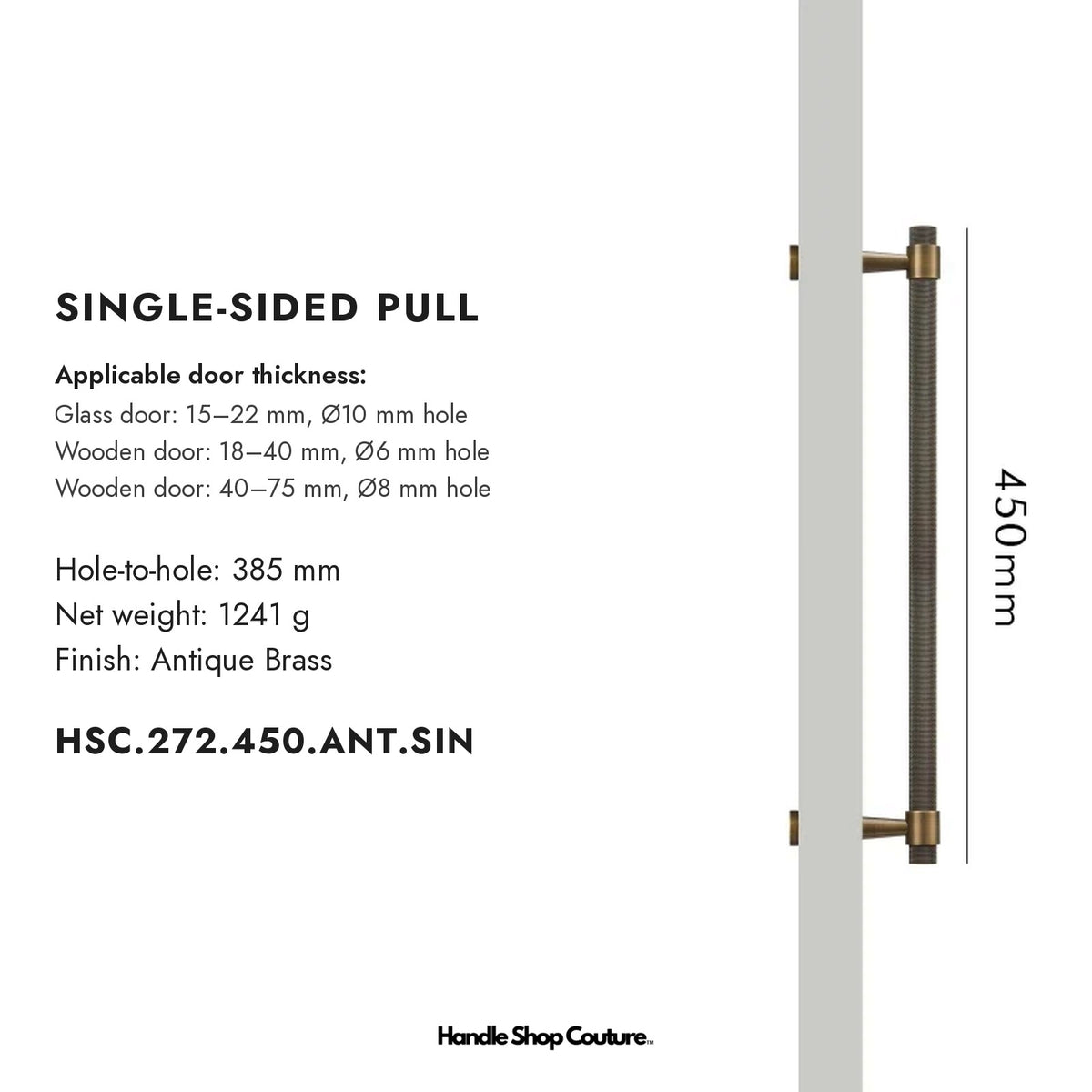 OPORTO knurled brass door pull, 450 mm, Antique Brass, single-sided