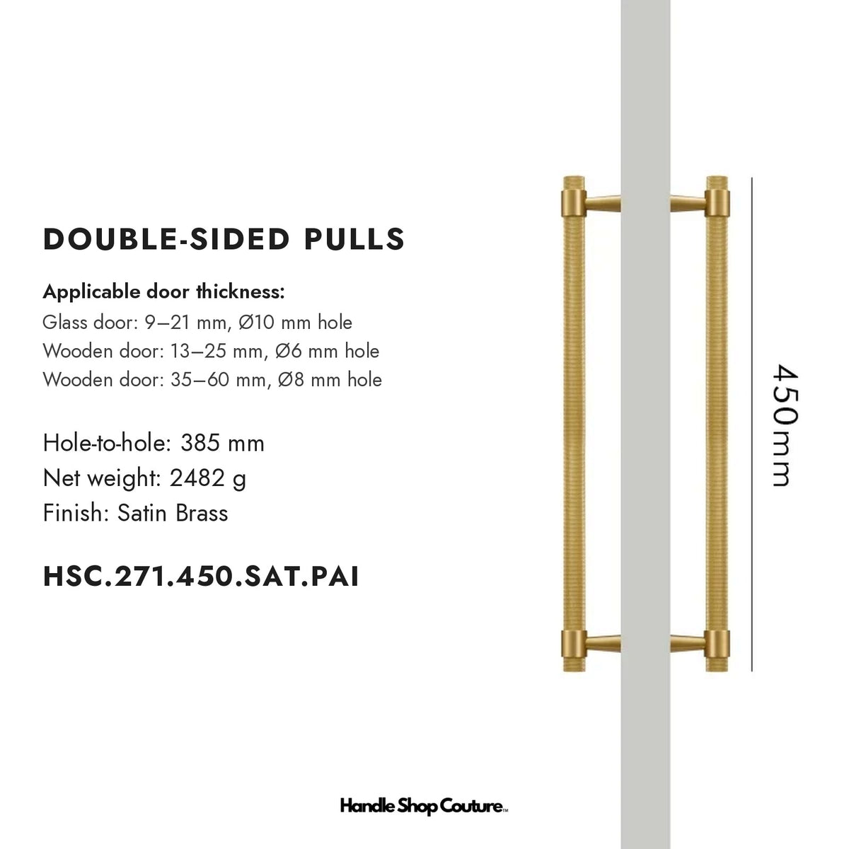 OPORTO knurled brass door pull, 450 mm, Satin Brass, double-sided pair