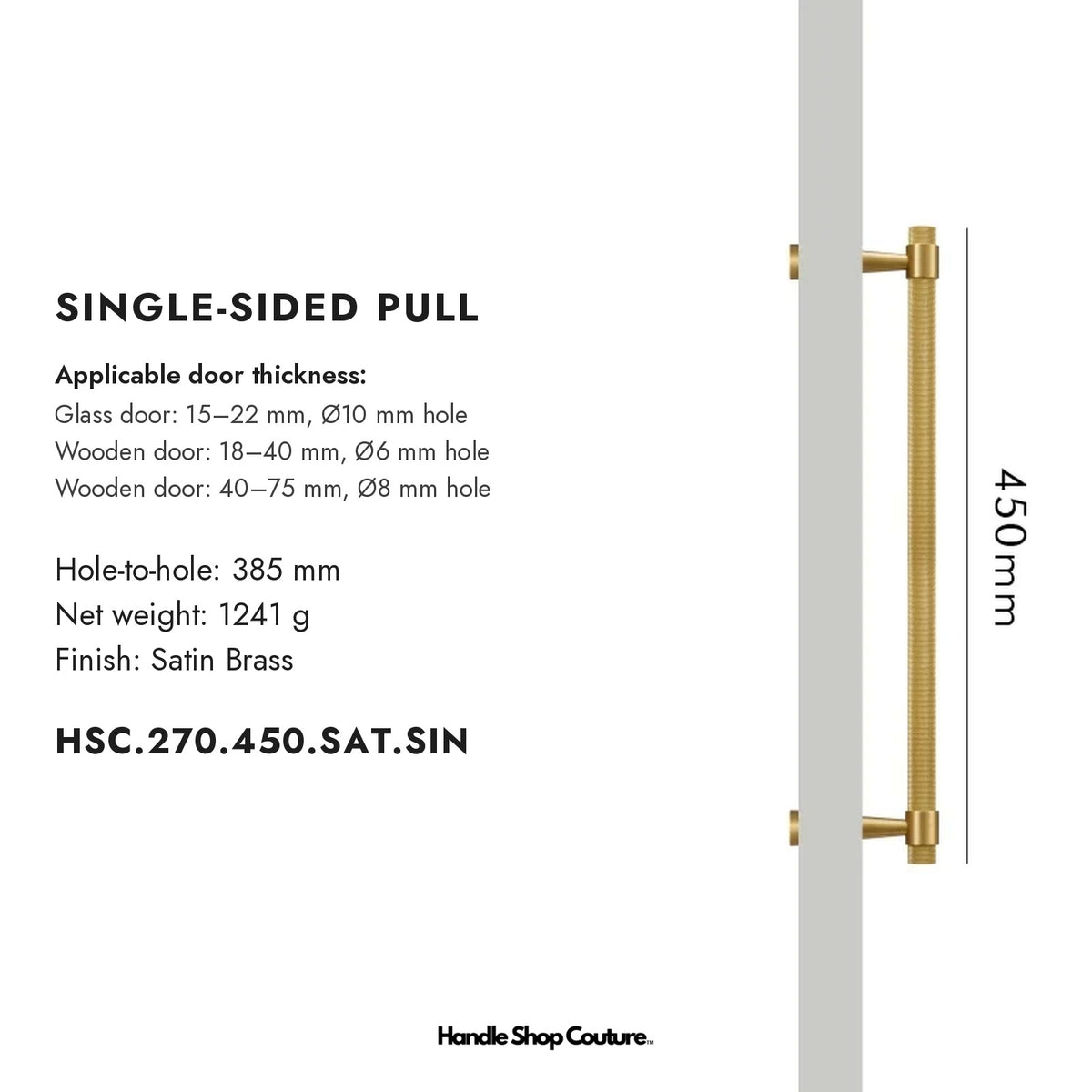 OPORTO knurled brass door pull, 450 mm, Satin Brass, single-sided