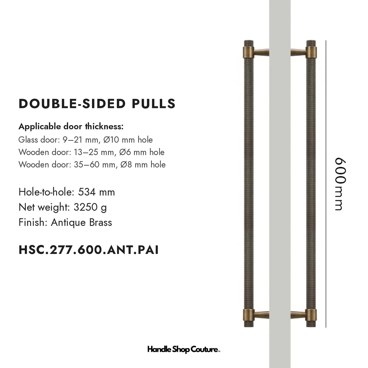 OPORTO knurled brass door pull, 600 mm, Antique Brass, double-sided pair