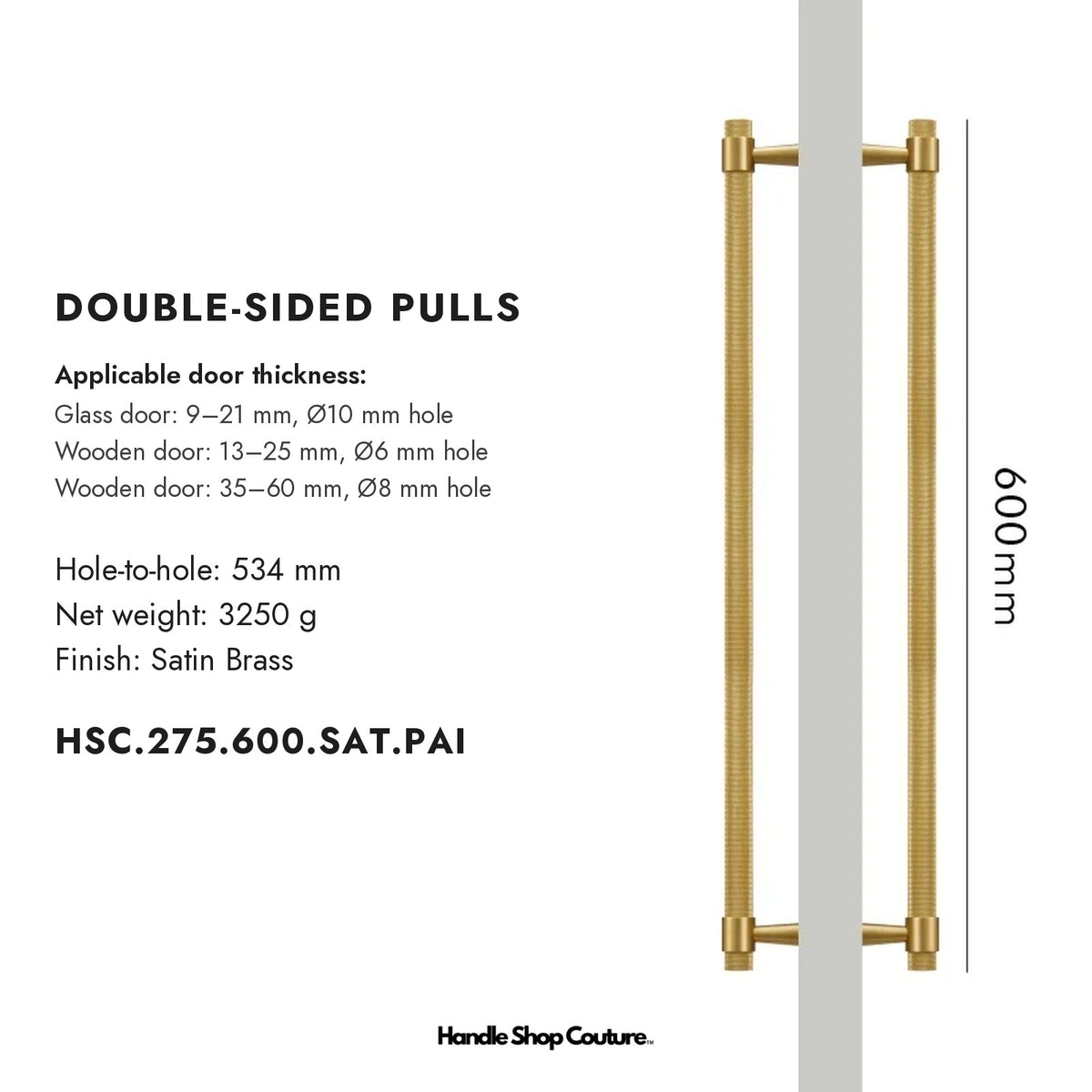 OPORTO knurled brass door pull, 600 mm, Satin Brass, double-sided pair