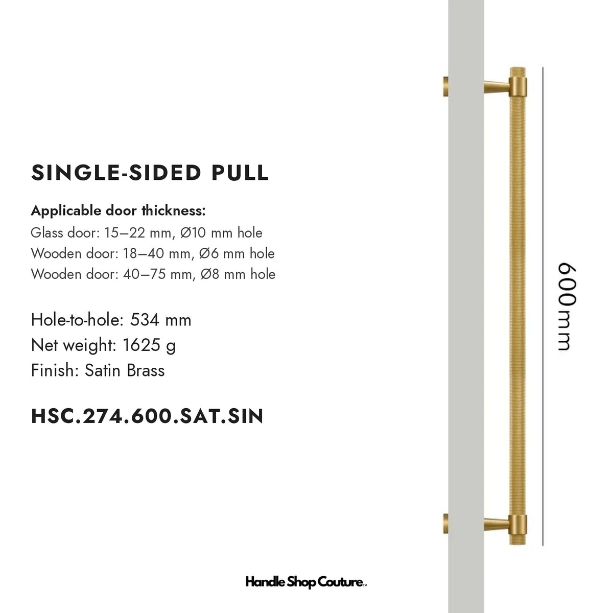 OPORTO knurled brass door pull, 600 mm, Satin Brass, single-sided