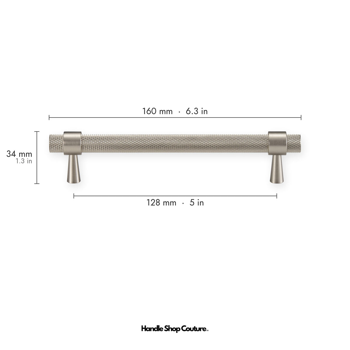 OPORTO knurled brass cabinet handle, 128mm hole-to-hole, Brushed Nickel