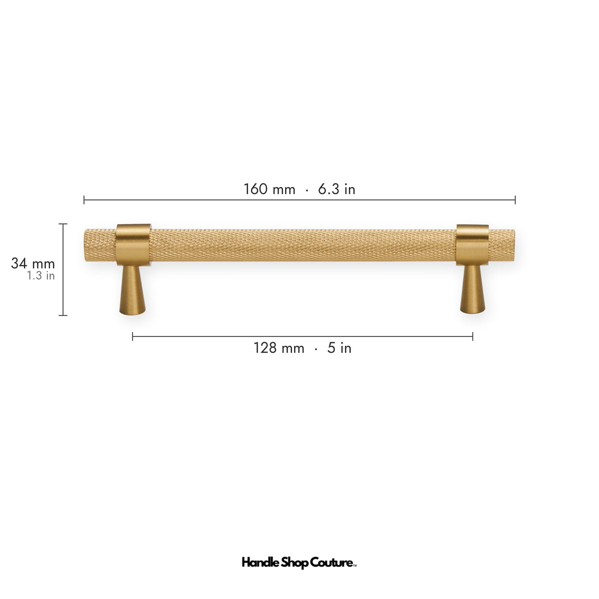 OPORTO knurled brass cabinet handle, 128mm hole-to-hole, Satin Brass