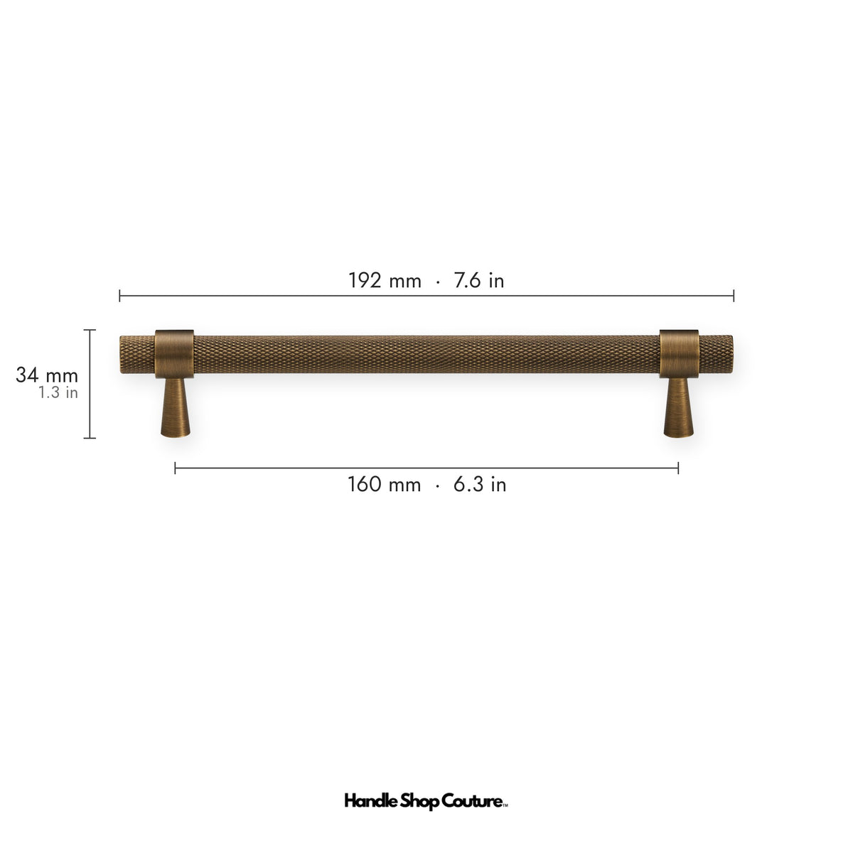 OPORTO knurled brass cabinet handle, 160mm hole-to-hole, Antique Brass