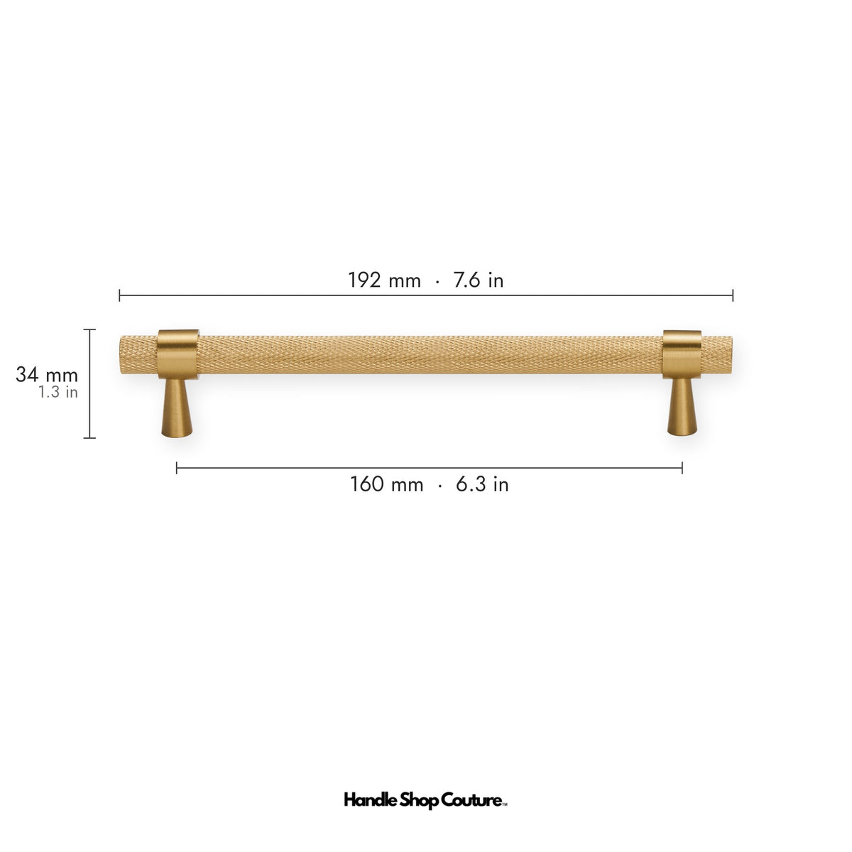 OPORTO knurled brass cabinet handle, 160mm hole-to-hole, Satin Brass