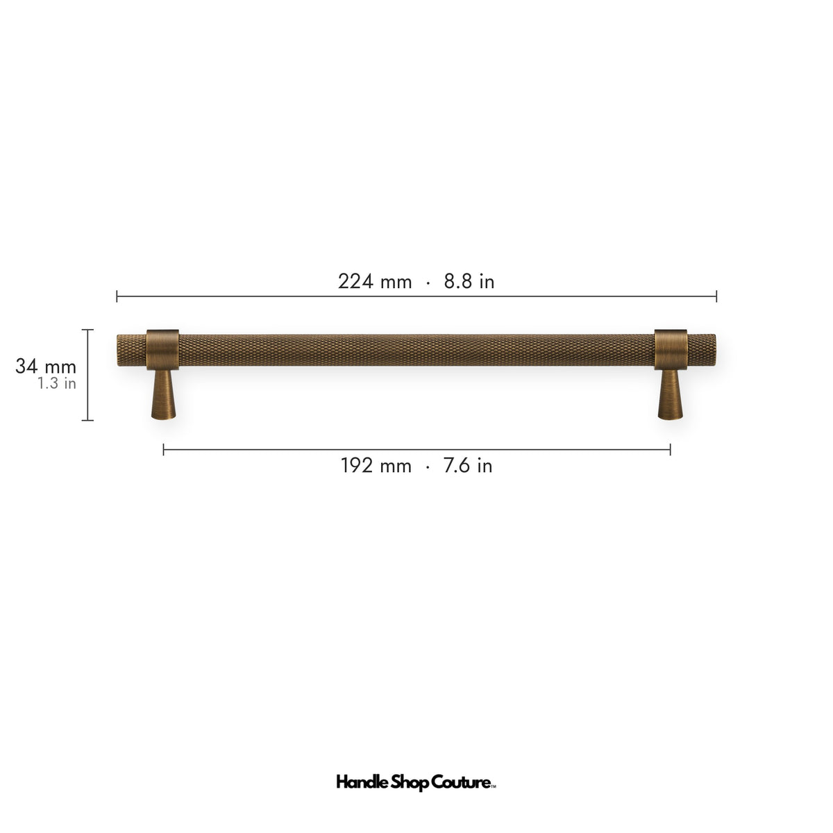 OPORTO knurled brass cabinet handle, 192mm hole-to-hole, Antique Brass