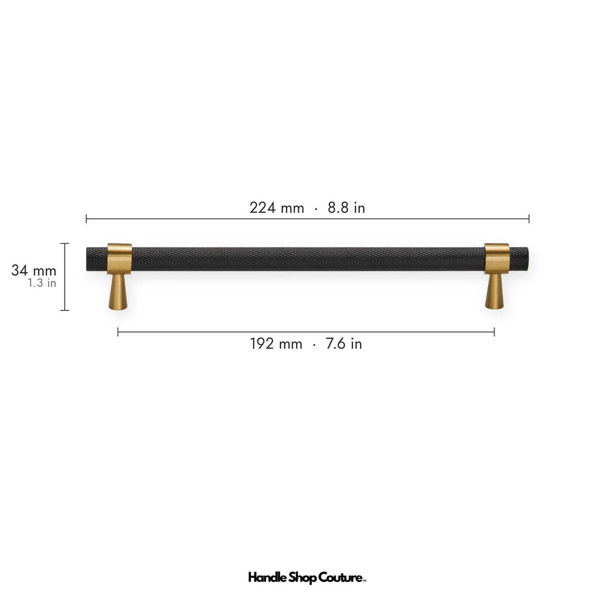 OPORTO knurled brass cabinet handle, 192mm hole-to-hole, black knurled bar with Satin Brass posts