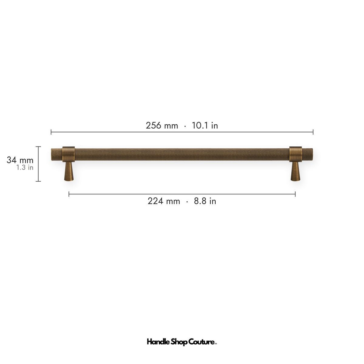 OPORTO knurled brass cabinet handle, 224mm hole-to-hole, Antique Brass