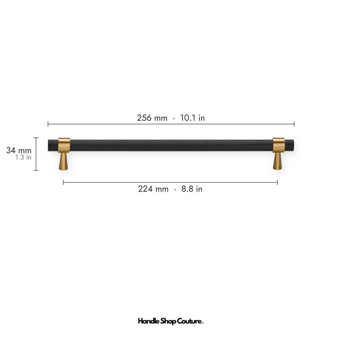 OPORTO knurled brass cabinet handle, 224mm hole-to-hole, black knurled bar with Satin Brass posts