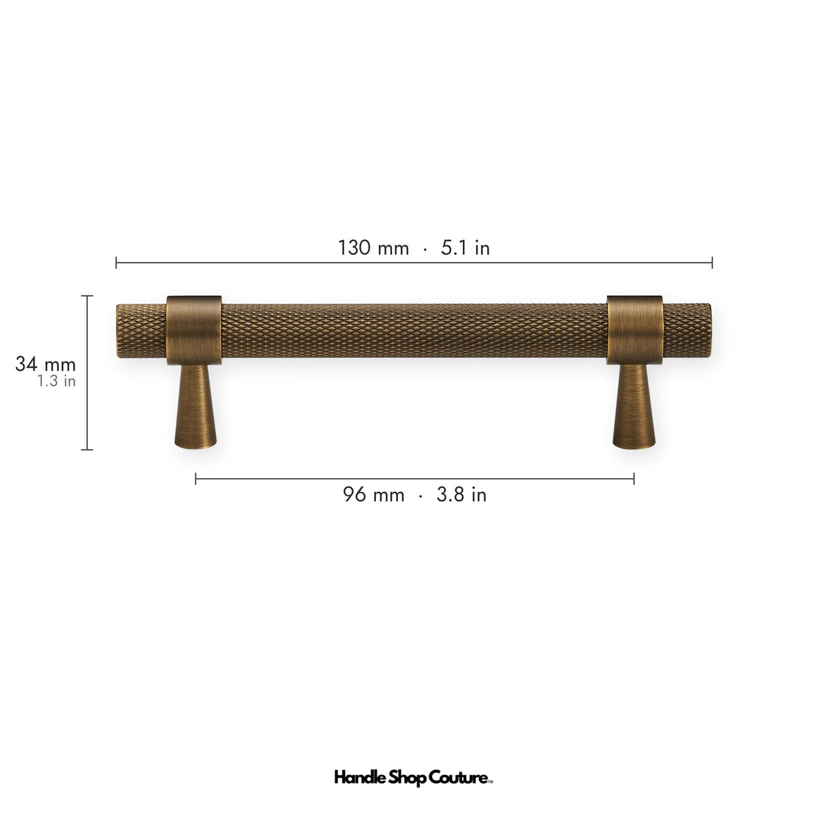 OPORTO knurled brass cabinet handle, 96mm hole-to-hole, Antique Brass