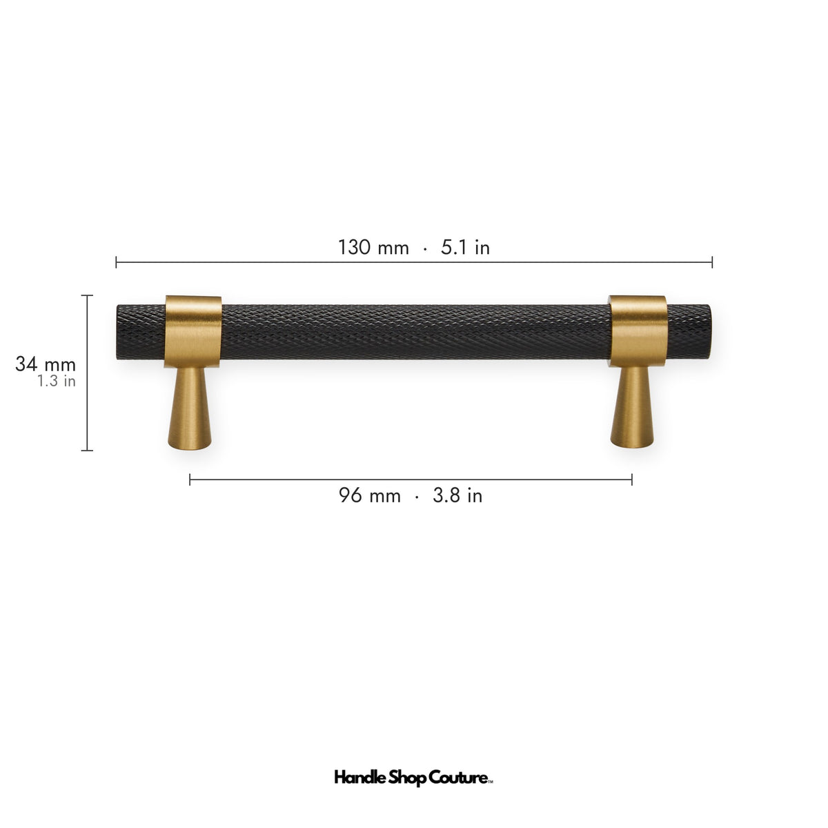 OPORTO knurled brass cabinet handle, 96mm hole-to-hole, black knurled bar with Satin Brass posts