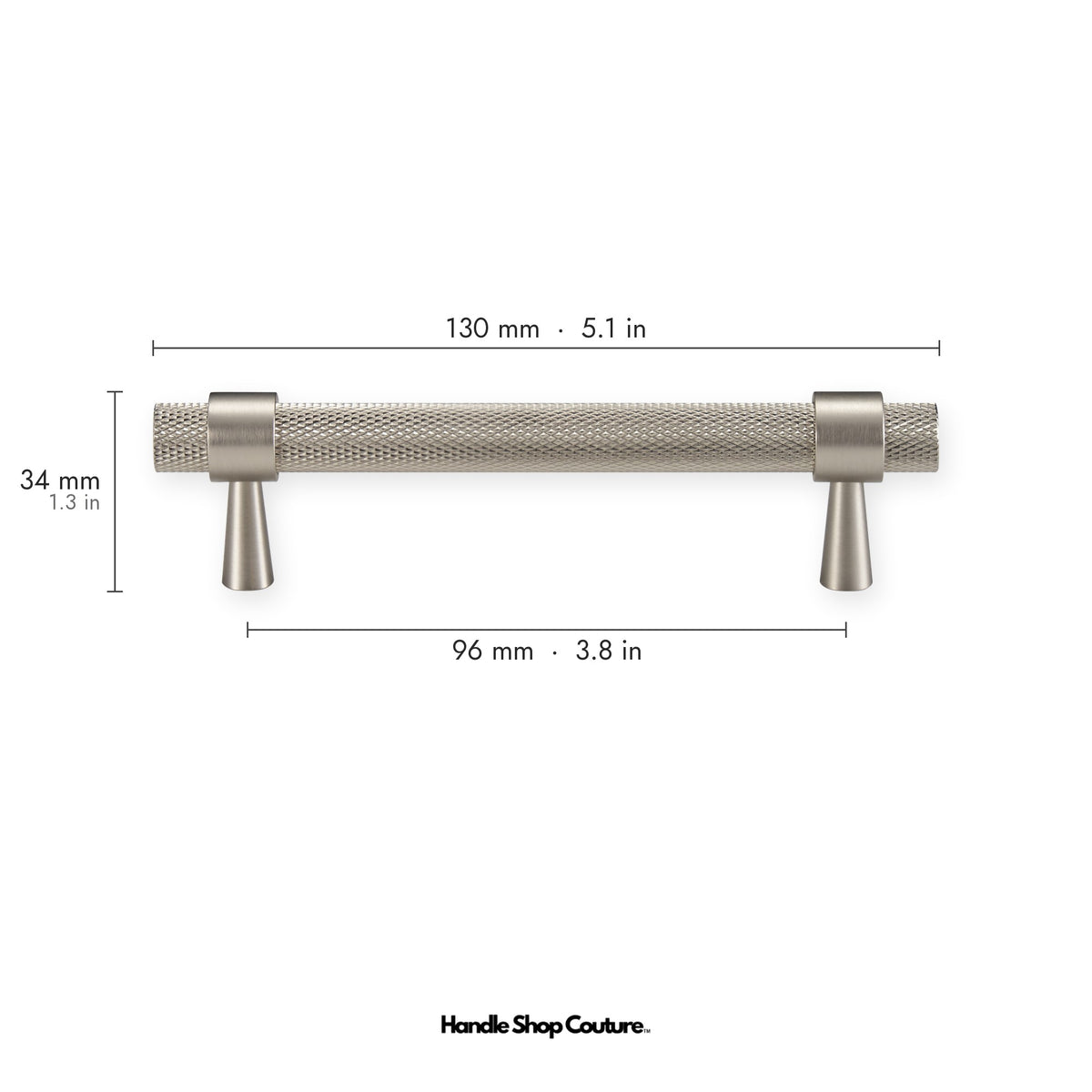 OPORTO knurled brass cabinet handle, 96mm hole-to-hole, Brushed Nickel