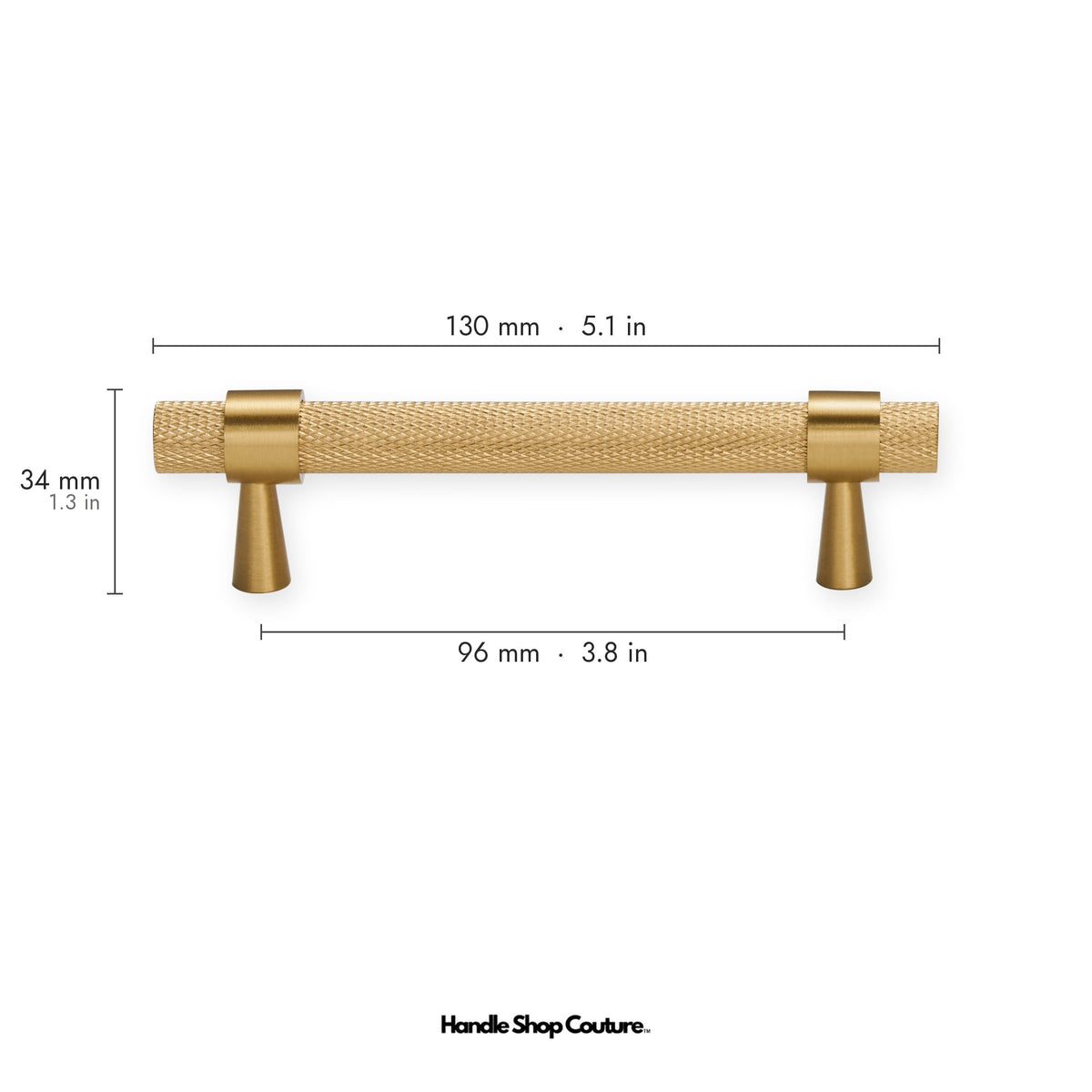 OPORTO knurled brass cabinet handle, 96mm hole-to-hole, Satin Brass
